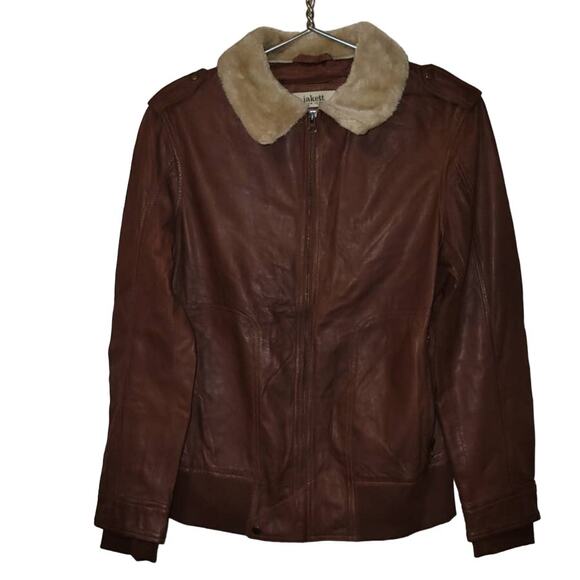 New JAKETT Bess Aviator Leather Jacket Fur Collar $640 SMALL Brown - Picture 1 of 5